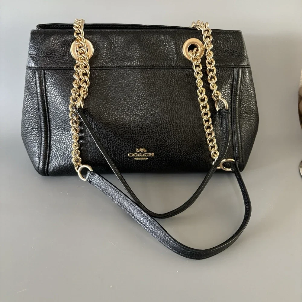 Coach Purse Brooke Chain Carryall Black Polished Pebble Leather EXCELLENT!